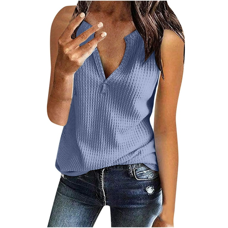 RYRJJ Womens Tank Tops V Neck Waffle Knit Summer Casual Solid Sleeveless  Loose Tee Shirts Soft Comfy Loose Tunics Blouses Vest(02#Light Blue,XXL)