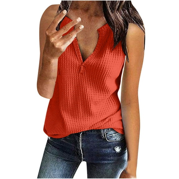 RYRJJ Womens Tank Tops V Neck Waffle Knit Summer Casual Solid Sleeveless Loose Tee Shirts Soft Comfy Loose Tunics Blouses Vest(02#Red,S)