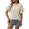 thumbnail image 1 of RYRJJ Womens Tops Casual Crew Neck Eyelet Embroidery Summer Blouse Ruffle Short Sleeve Loose Trendy T Shirts(Beige,S), 1 of 6