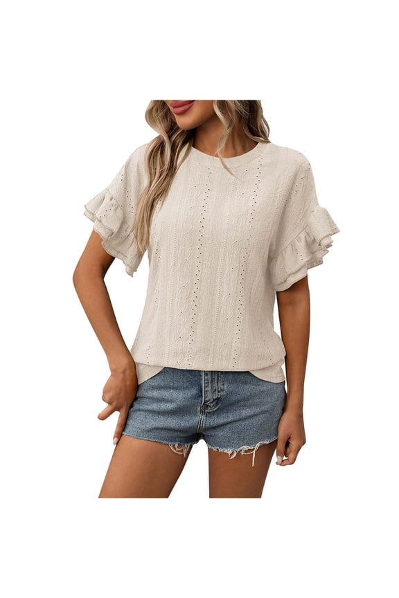 Womens Tops Casual Crew Neck Eyelet Embroidery Summer Blouse Ruffle Short Sleeve Loose Trendy T Shirts(Beige,S)