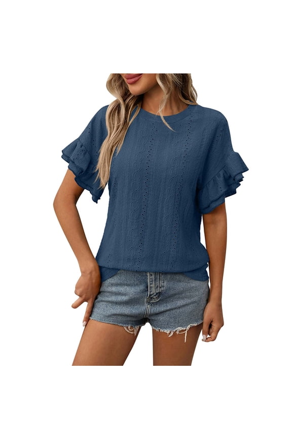 Womens Tops Casual Crew Neck Eyelet Embroidery Summer Blouse Ruffle Short Sleeve Loose Trendy T Shirts(Navy,S)