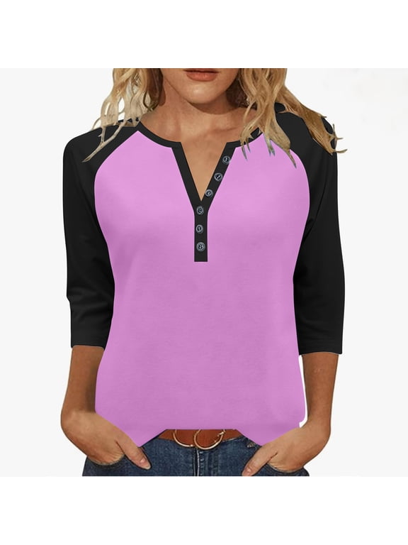 Womens Tops 3/4 Sleeve Button V Neck Henley Shirts Dressy Casual Tunic Blouses Raglan Summer Trendy Color Block Tees(z2-Purple,3XL)