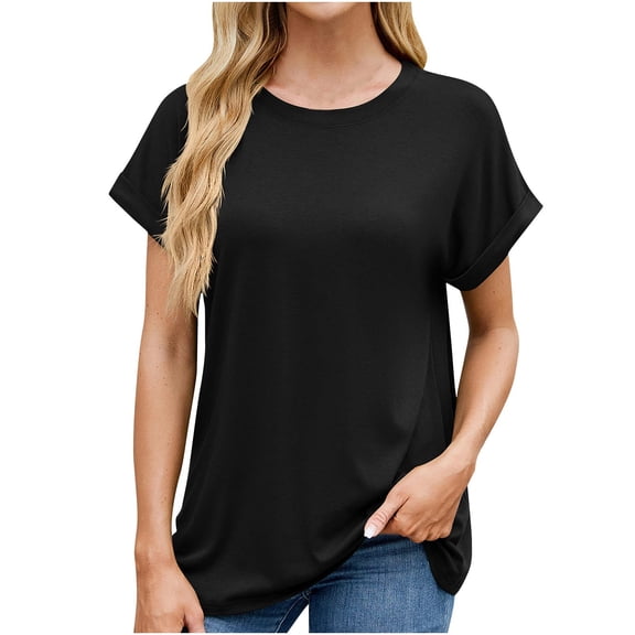RYRJJ Womens Tops Casual Loose Fit Roll-Up Short Sleeve T Shirts Summer Fashion Round Neck Blouse Basic Tees(Black,XXL)