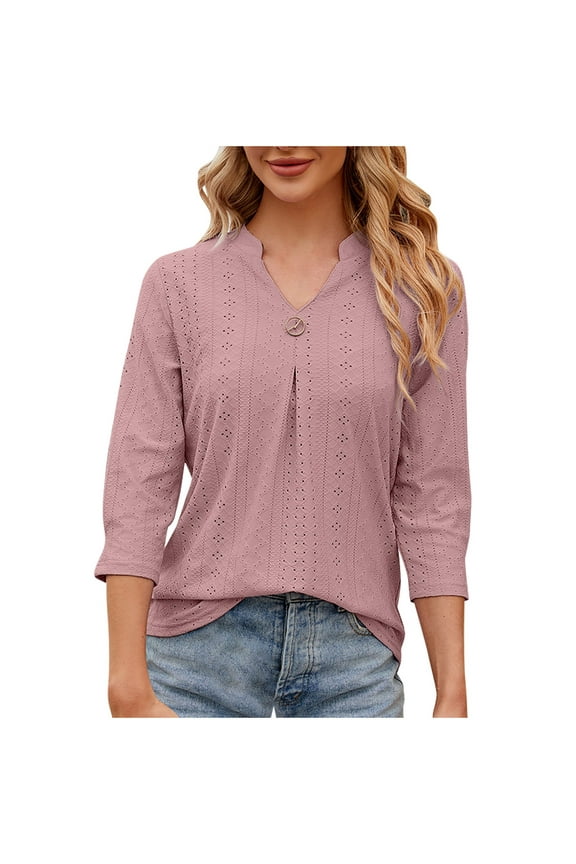 Womens Tops Dressy Casual 3/4 Length Sleeve V Neck Eyelet Shirt Work Blouses Summer Trendy Loose Tunic Tees(Rose Gold,S)