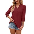 thumbnail image 1 of RYRJJ Womens Tops Dressy Casual 3/4 Length Sleeve V Neck Eyelet Shirt Work Blouses Summer Trendy Loose Tunic Tees(Wine,M), 1 of 6