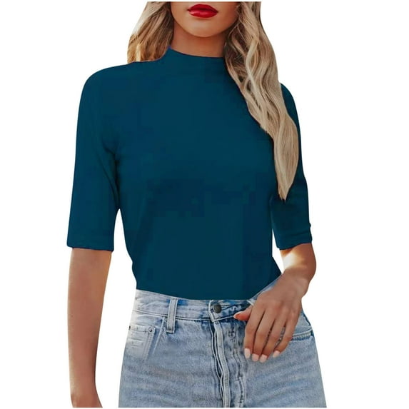 RYRJJ Womens Tops Dressy Casual Cute Plain Tops Fashion Mock Turtleneck Business Slim Fitted T Shirts(Dark Blue,XXL)