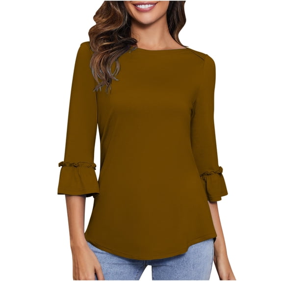 RYRJJ Womens Tops Dressy Casual Ruffle 3/4 Length Bell Sleeve Shirts Summer Boat Neck Loose Fitted Tunic Blouses(Khaki,XXL)