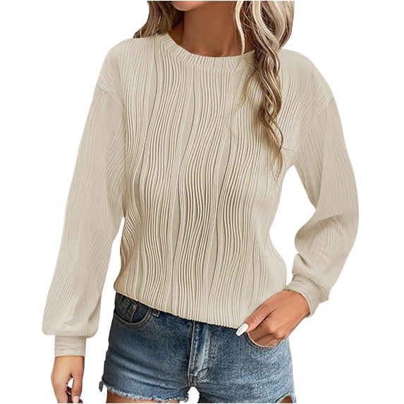 RYRJJ Womens Tops Fall Trendy Dressy Casual Long Sleeve Crewneck Basic T Shirts Solid Loose Textured Tunic Blouses(Beige,XL)