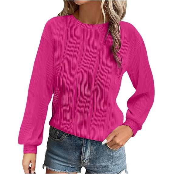 RYRJJ Womens Tops Fall Trendy Dressy Casual Long Sleeve Crewneck Basic T Shirts Solid Loose Textured Tunic Blouses(Hot Pink,M)