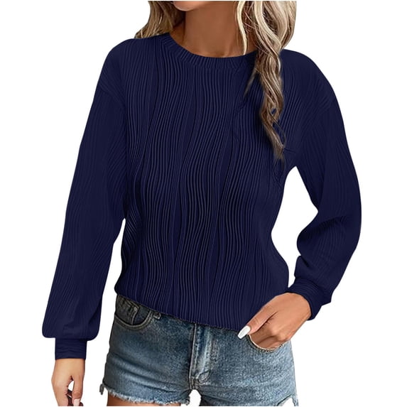 RYRJJ Womens Tops Fall Trendy Dressy Casual Long Sleeve Crewneck Basic T Shirts Solid Loose Textured Tunic Blouses(Navy,S)