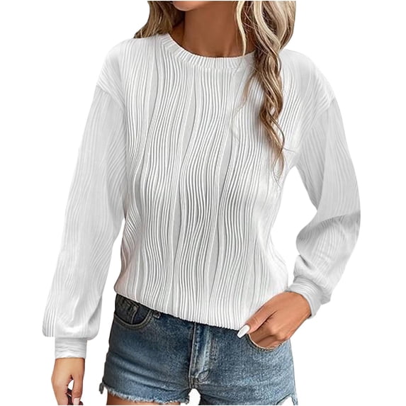 RYRJJ Womens Tops Fall Trendy Dressy Casual Long Sleeve Crewneck Basic T Shirts Solid Loose Textured Tunic Blouses(White,L)