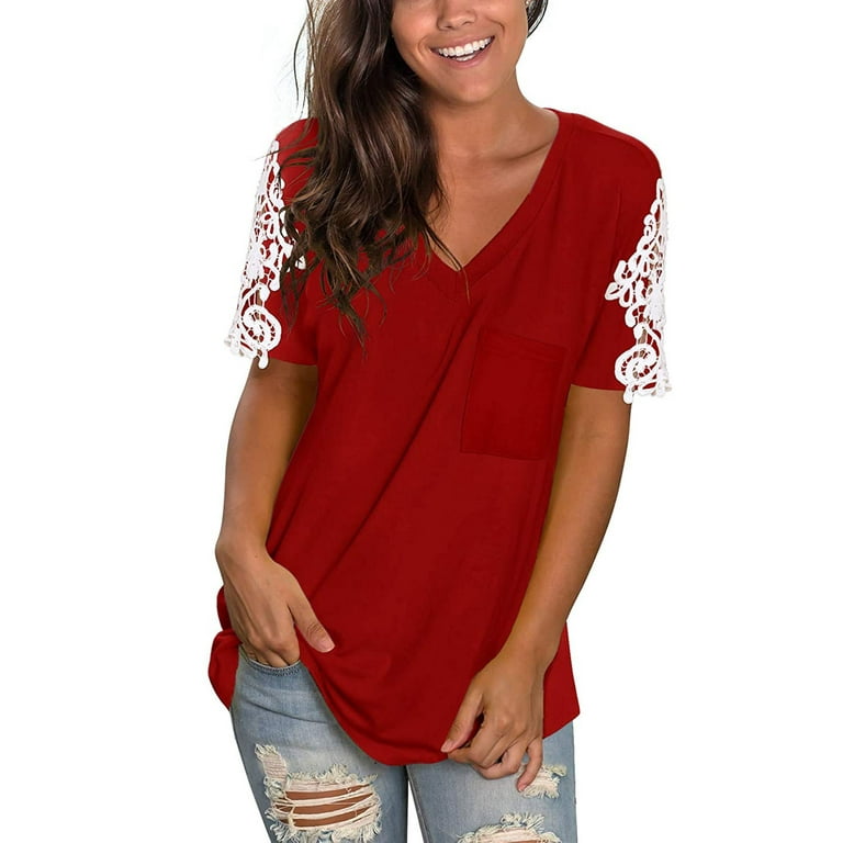 RYRJJ Womens Tops Hide Belly Tunic Summer Lace Trim Short Sleeve T Shirts  Cute Flowy Tshirt Casual Dressy Blouses for Leggings(Red,L)