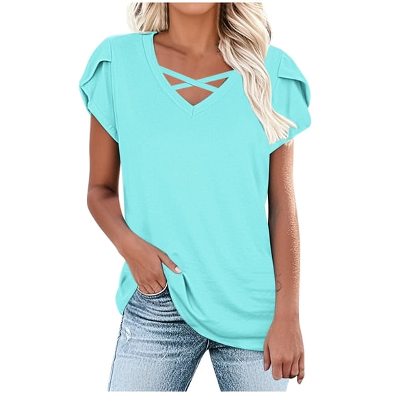 RYRJJ Womens Tops Petal Short Sleeve Criss Cross V Neck Shirts Loose Casual Blouses Summer Tees Tunics(Mint Green,M)