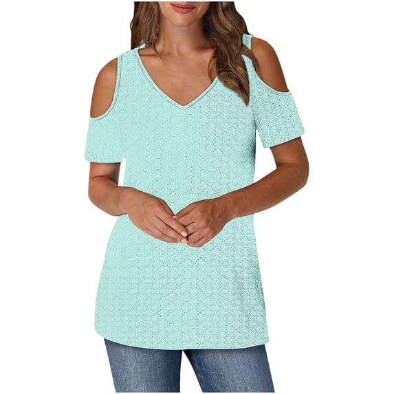 RYRJJ Womens Tops Trendy Cold Shoulder Short Sleeve V Neck Tee Shirts Summer Dressy Casual Eyelet Blouse(Sky Blue,S)