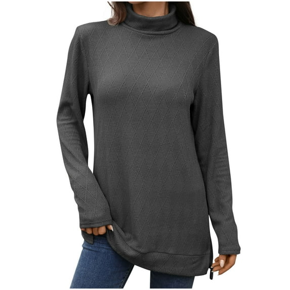 RYRJJ Womens Turtleneck Textured Knit Sweatshirts Lightweight Long Sleeve Shirts Fall Fashion Loose Fit Side Split Pullover Tops(Dark Gray,XL)