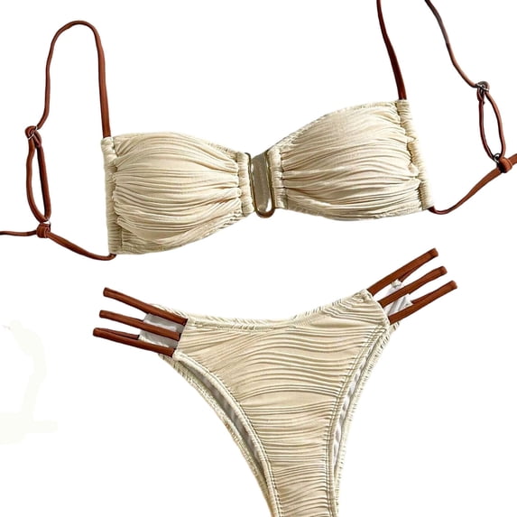 RYRJJ Womens Two Piece Bikini Set U-Wire Cutout Adjustable Spaghetti Straps Swimsuit High Waisted Textured Summer Beach Swim Bathing Suits(Beige,S)