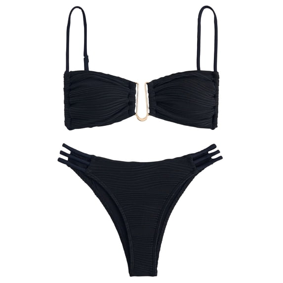 RYRJJ Womens Two Piece Bikini Set U-Wire Cutout Adjustable Spaghetti Straps Swimsuit High Waisted Textured Summer Beach Swim Bathing Suits(Black,M)