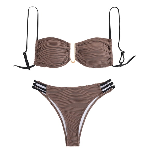 RYRJJ Womens Two Piece Bikini Set U-Wire Cutout Adjustable Spaghetti Straps Swimsuit High Waisted Textured Summer Beach Swim Bathing Suits(Coffee,L)