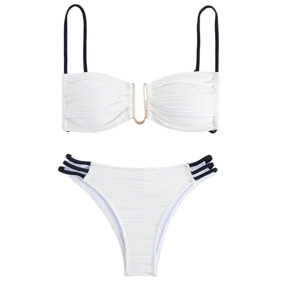 RYRJJ Womens Two Piece Bikini Set U-Wire Cutout Adjustable Spaghetti Straps Swimsuit High Waisted Textured Summer Beach Swim Bathing Suits(White,S)
