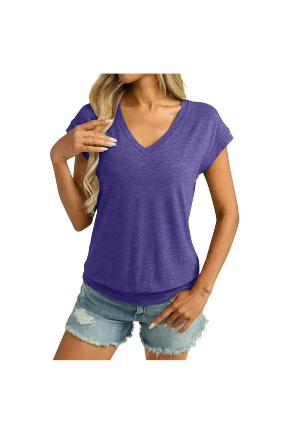 Womens V Neck Cap Sleeve T Shirts Banded Bottom Top Loose Fit Short Sleeves Tee Casual Summer Basic Tops(Purple,M)