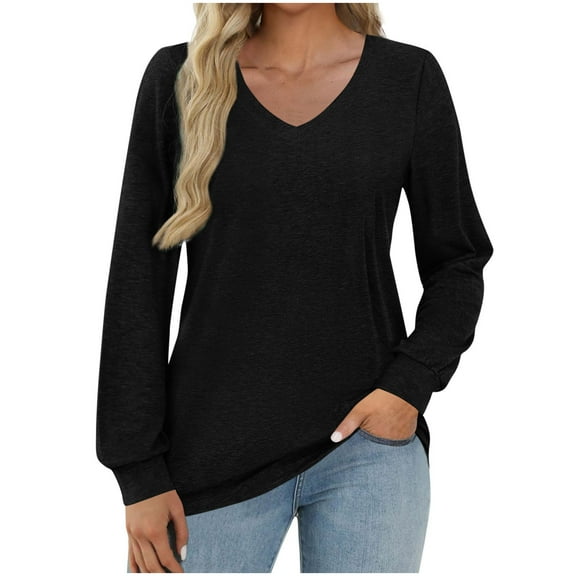 RYRJJ Womens V Neck Long Sleeve Shirts Banded Bottom Cute Loose Fit Tops Dressy Casual Blouses for Fall Spring(Black,M)