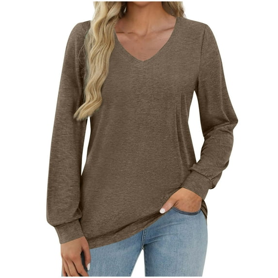 RYRJJ Womens V Neck Long Sleeve Shirts Banded Bottom Cute Loose Fit Tops Dressy Casual Blouses for Fall Spring(Brown,M)
