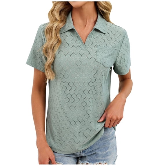 RYRJJ Womens V Neck Shirts Summer Short Sleeve Collared Eyelet Tunic Tops Loose Dressy Casual Work Blouses with Pocket(Green,XXL)