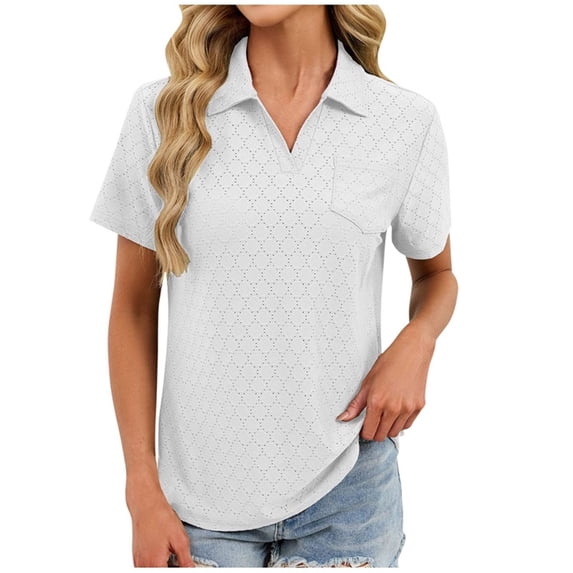 RYRJJ Womens V Neck Shirts Summer Short Sleeve Collared Eyelet Tunic Tops Loose Dressy Casual Work Blouses with Pocket(White,XXL)