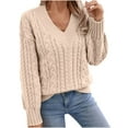 thumbnail image 1 of RYRJJ Womens V-Neck Sweaters Long Sleeve Cable Knit Pullover Tops Fall Fashion Casual Loose Fit Chunky Sweater(Khaki,L), 1 of 9