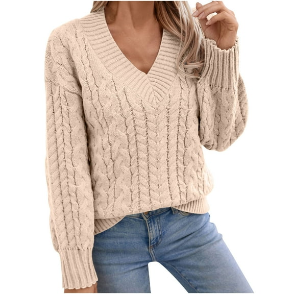 RYRJJ Womens V-Neck Sweaters Long Sleeve Cable Knit Pullover Tops Fall Fashion Casual Loose Fit Chunky Sweater(Khaki,S)