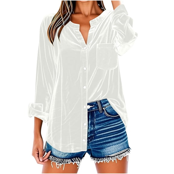 RYRJJ Womens Velvet Button Down Shirts Elegant V Neck Long Sleeve Shirt Dressy Casual Blouses Velour Tops with Pocket(z1-White,S)