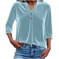thumbnail image 1 of RYRJJ Womens Velvet Tops Button V Neck 3/4 Length Sleeve Fall Trendy Dressy Casual Blouse Loose Velour Tunic Shirts(Light Blue,L), 1 of 6