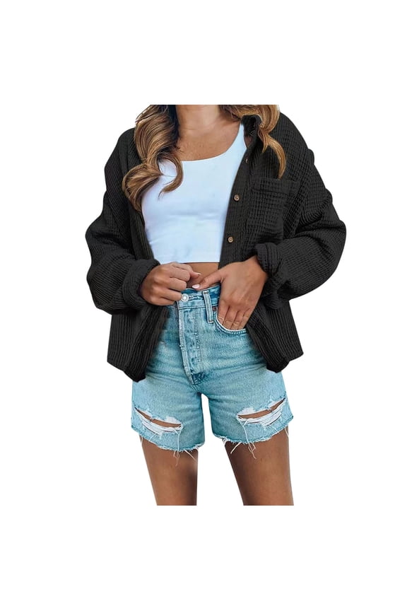 Womens Waffle Knit Shacket Shirt Jacket Casual Button Down Blouse Loose Fit Long Sleeve Tops(Black,L)