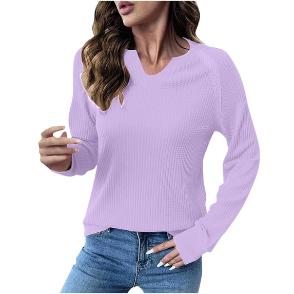 RYRJJ Womens Waffle Knit Sweaters Fashion Fall Tops Lace Trim V-Neck Long Sleeve Lightweight Pullover Sweater(Purple,L)