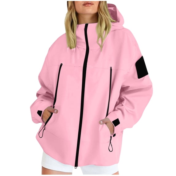 RYRJJ Womens Waterproof Rain Jacket Lightweight Windproof Hooded Raincoat Outdoor Hiking Windbreaker Outwear with Zipper Pockets(Pink,XL)