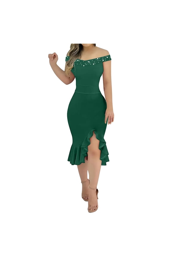 Womens Wedding Guest Dress Off Shoulder Bodycon Dress Ruffle Hem Split Cocktail Evening Party Midi Dresses(Army Green,M)