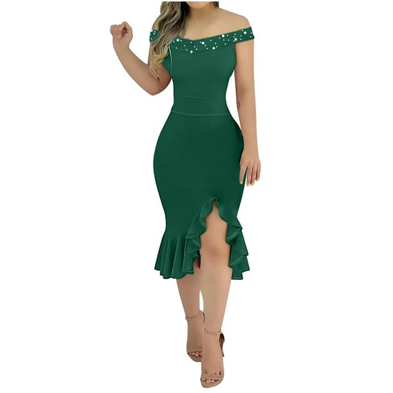 RYRJJ Womens Wedding Guest Dress Off Shoulder Bodycon Dress Ruffle Hem Split Cocktail Evening Party Midi Dresses(Army Green,XXL)