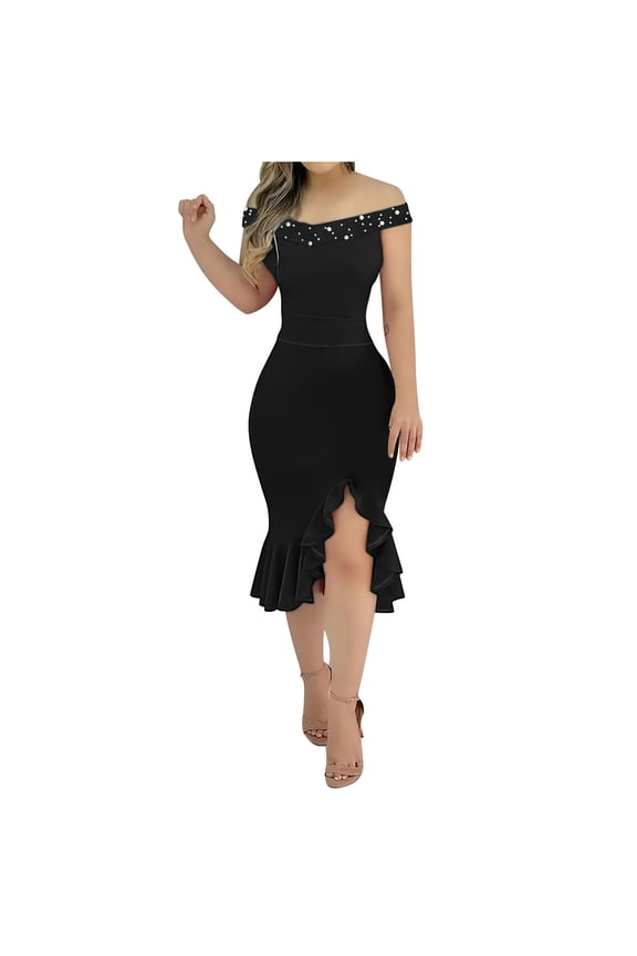 Womens Wedding Guest Dress Off Shoulder Bodycon Dress Ruffle Hem Split Cocktail Evening Party Midi Dresses(Black,XL)