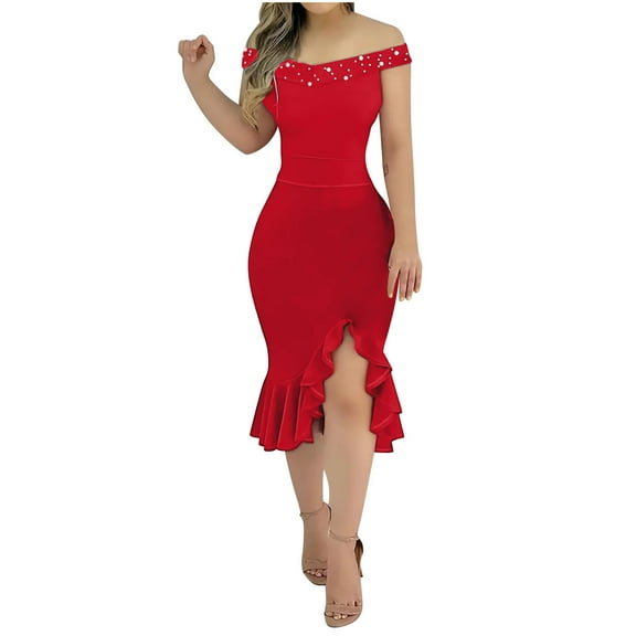 RYRJJ Womens Wedding Guest Dress Off Shoulder Bodycon Dress Ruffle Hem Split Cocktail Evening Party Midi Dresses(Red,S)
