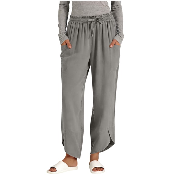 RYRJJ Womens Wide Leg Capri Linen Hearm Pants Drawstring Casual Lounge Flowy Summer Beach Vacation Crop Trousers with Pockets(Gray,XL)
