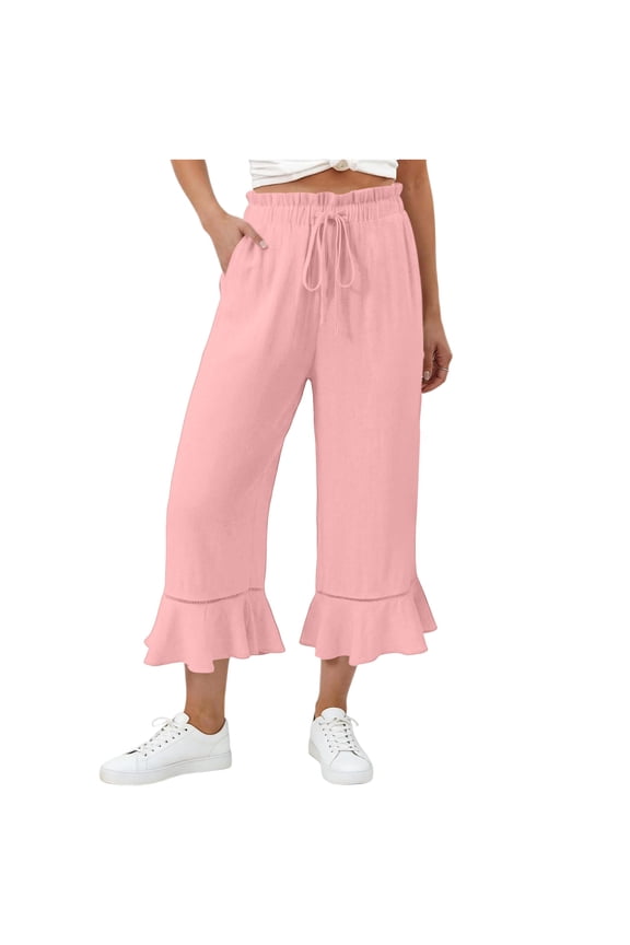 Womens Wide Leg Capri Pants Cotton Linen Drawstring Elastic High Waisted Ruffle Hem Palazzo Pants Baggy Lounge Cropped Trousers with Pockets(Pink,M)