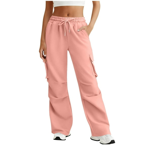 RYRJJ Womens Wide Leg Cargo Sweatpants High Waisted Drawstring Sweat Pants Trendy Casual Baggy Joggers Pants with Pockets(Pink,L)