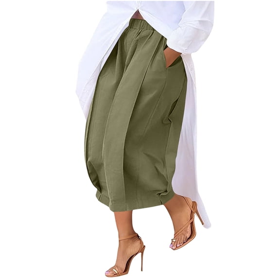 RYRJJ Womens Wide Leg Culottes Loose Fit Cropped Pants Elastic High Waist Pleated Casual Capris Palazzo Trousers with Pockets(Army Green,L)