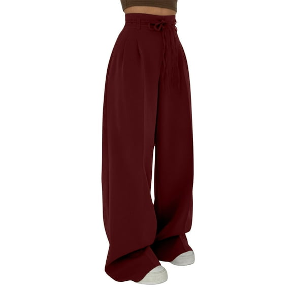 RYRJJ Womens Wide Leg Dress Pants Belted High Waisted Slacks Pants Business Casual Work Palazzo Trousers with Pockets(Red;M)