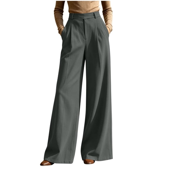 RYRJJ Womens Wide Leg Dress Pants Business Casual Flowy Work Palazzo Pants Pull On High Waisted Office Slacks Trousers(Gray,XL)