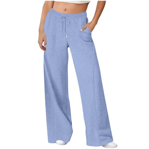 RYRJJ Womens Wide Leg Sweatpants High Waisted Baggy Lounge Pants Comfy Drawstring Athletic Joggers Pant with Pockets(Light Blue;S)