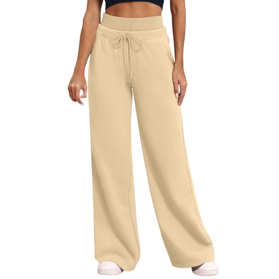RYRJJ Womens Wide Leg Sweatpants High Waisted Baggy Lounge Sweat Pants Drawstring Workout Athletic Joggers with Pockets(Khaki;S)
