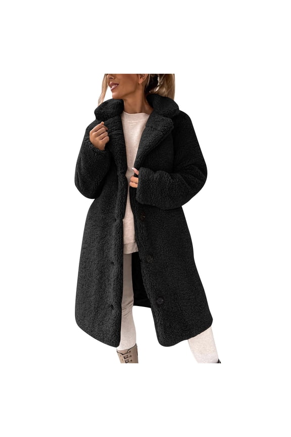 Womens Winter Coats Faux Fur Fuzzy Sherpa Fleece Jacket Casual Lapel Button Down Long Pockets Warm Teddy Outwear(Black,S)