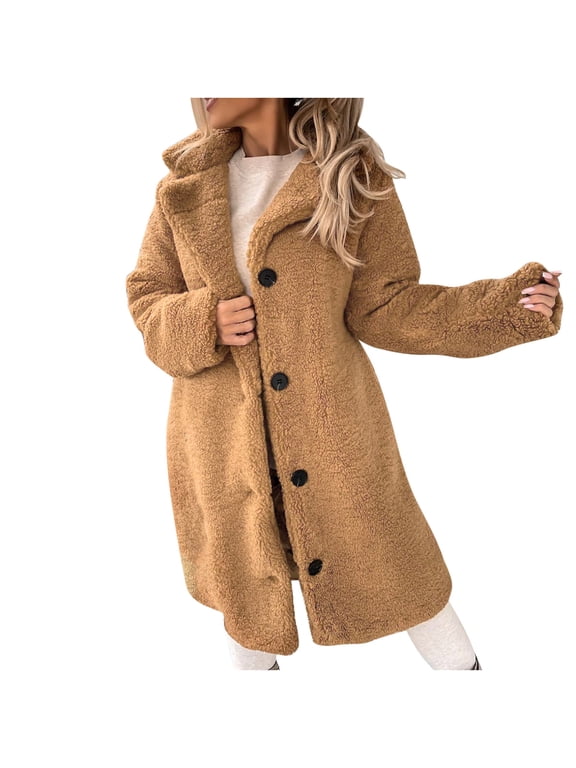 Womens Winter Coats Faux Fur Fuzzy Sherpa Fleece Jacket Casual Lapel Button Down Long Pockets Warm Teddy Outwear(Brown,M)