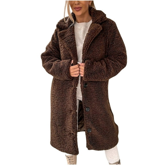 RYRJJ Womens Winter Coats Faux Fur Fuzzy Sherpa Fleece Jacket Casual Lapel Button Down Long Pockets Warm Teddy Outwear(Coffee,L)